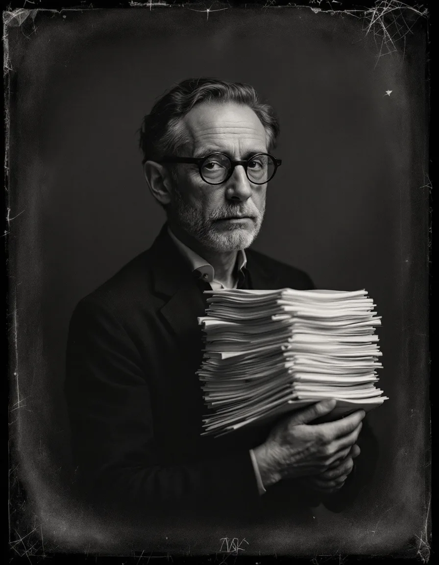 Tintype-style portrait of the learning design lead holding script pages