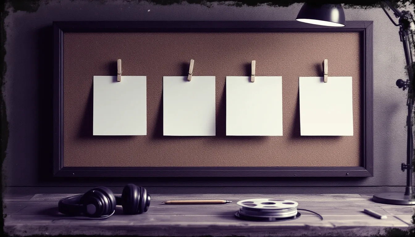 Four typed index cards pinned above an editing desk